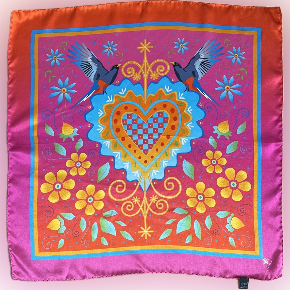 🩷🧡Like New Silk Birds/Flowers/Heart Canton Rose Zile'm Classic Square Scarf